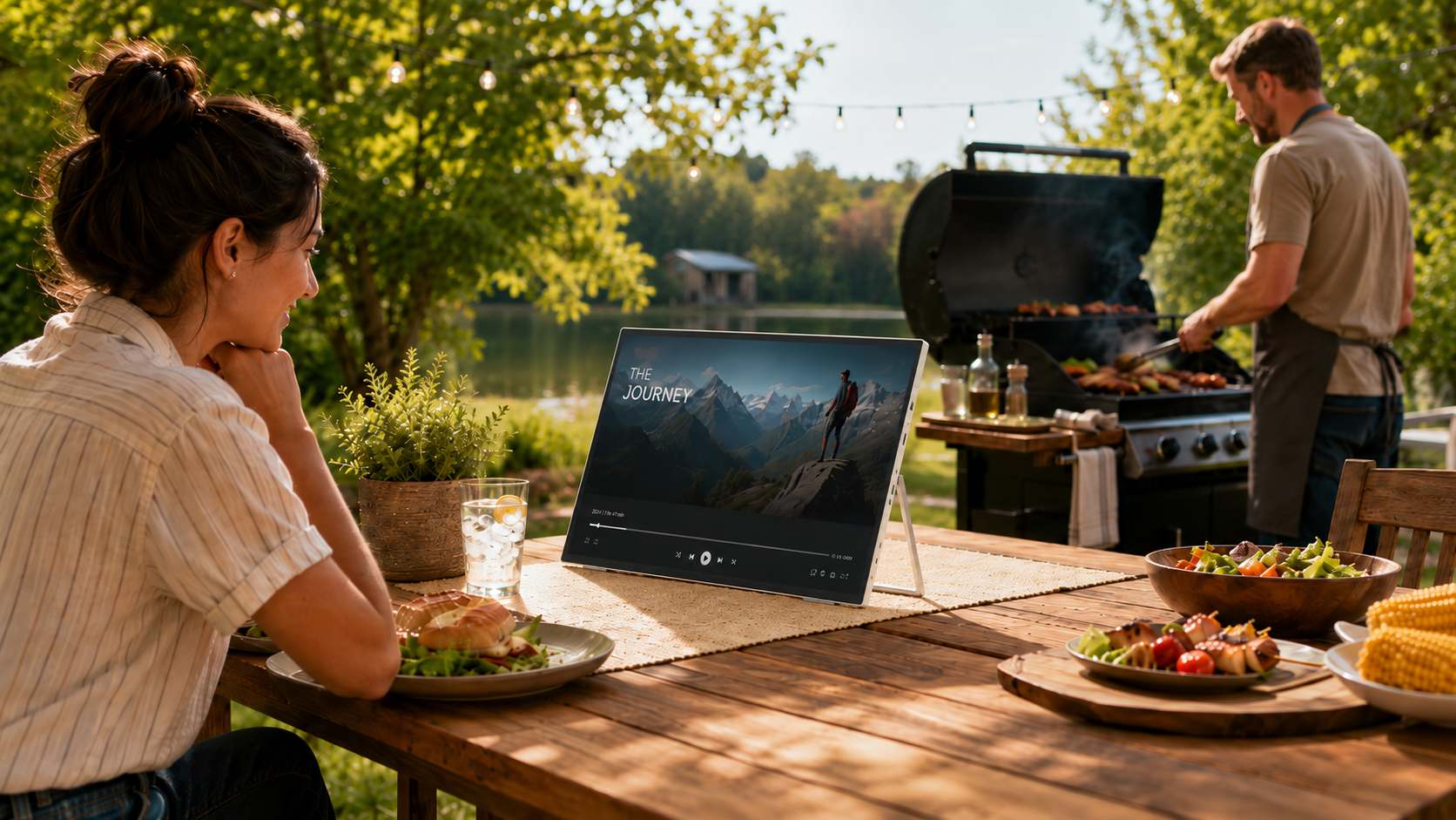 Portable 24 staat buiten op tafel tijdens een barbecue